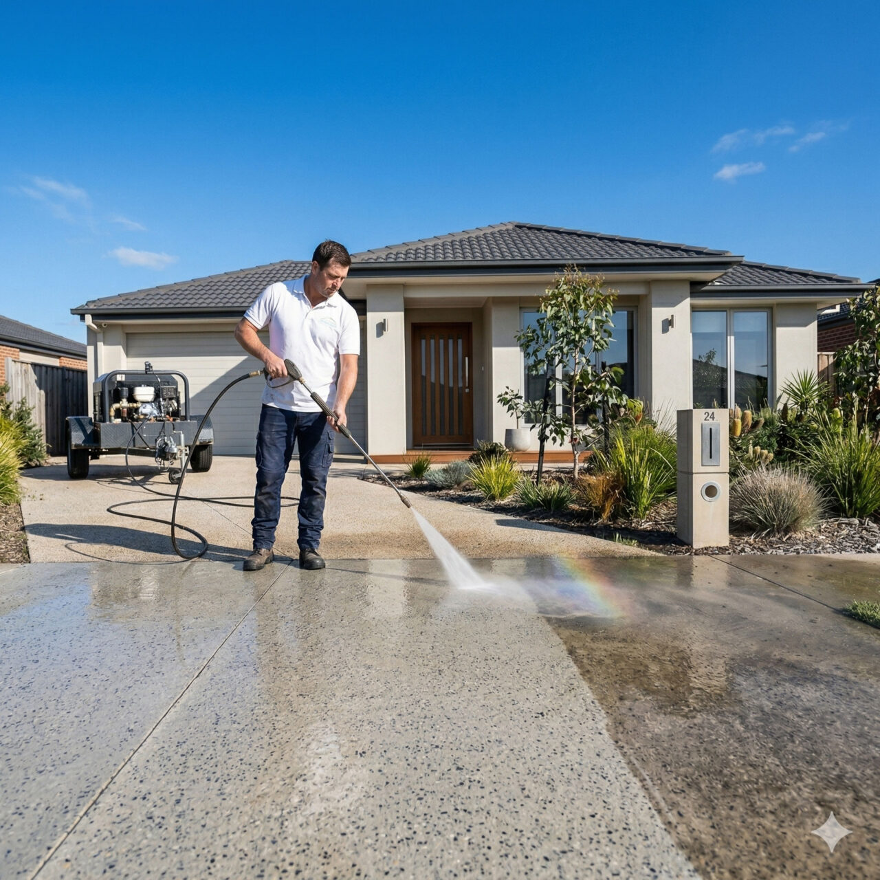 Pressure cleaning a driveway at the front of a family home