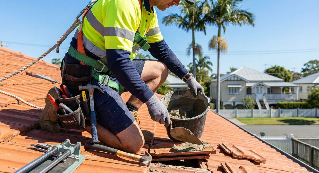 Roofer fitting replacement tiles on an older Melbourne terracotta roof