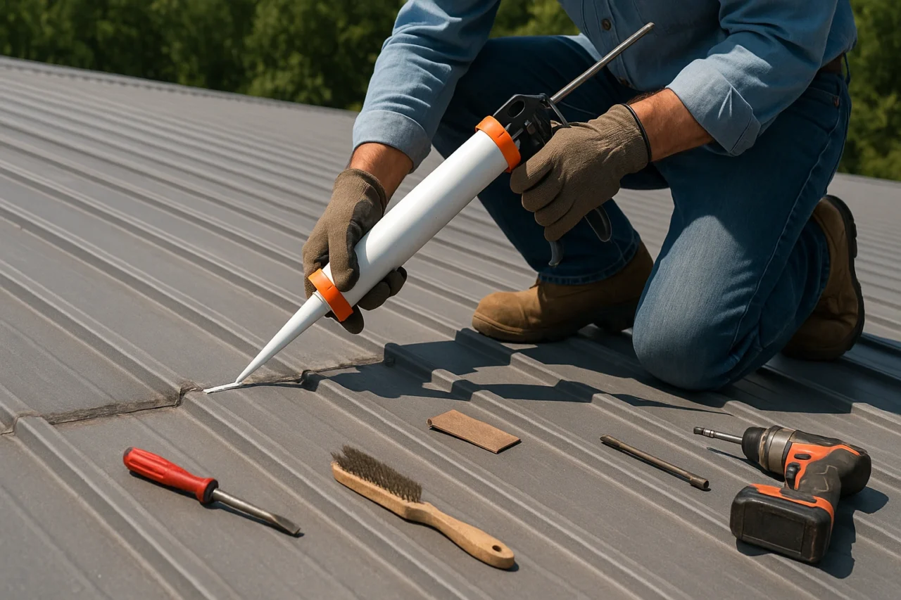 Roofer resealing joins on a metal roof during restoration